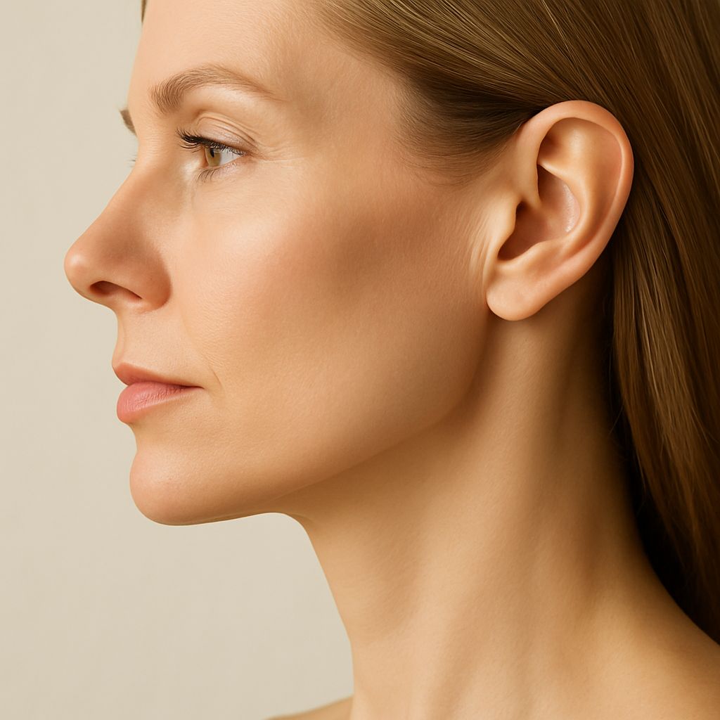 Side profile showing sharply defined jawline with clean chin-to-neck contour"