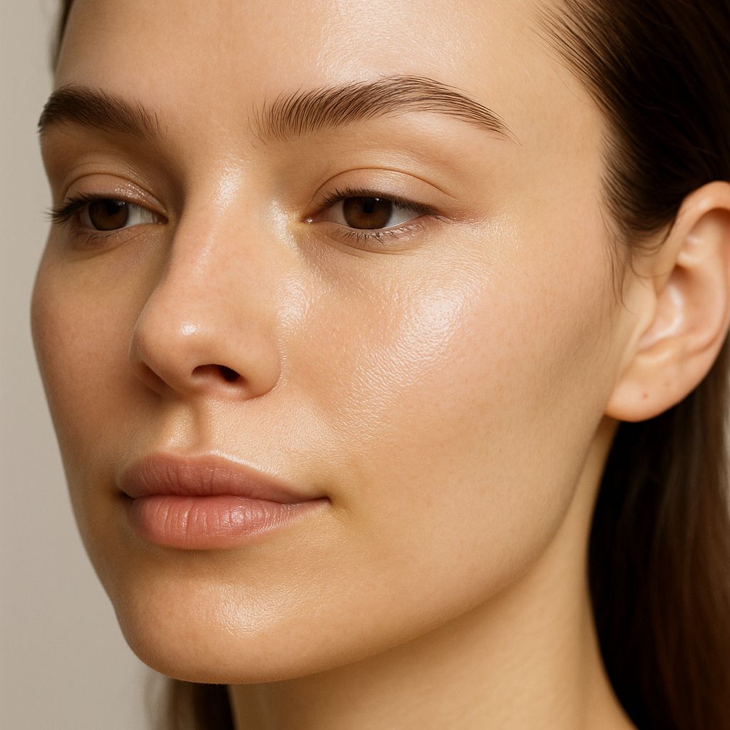 ChatGPT said: A close-up portrait of a woman with smooth, radiant skin and minimal makeup. The lighting is soft and even, highlighting her refined skin texture and natural glow. Her expression is calm, and the background is a neutral beige, creating a clean, elegant look.