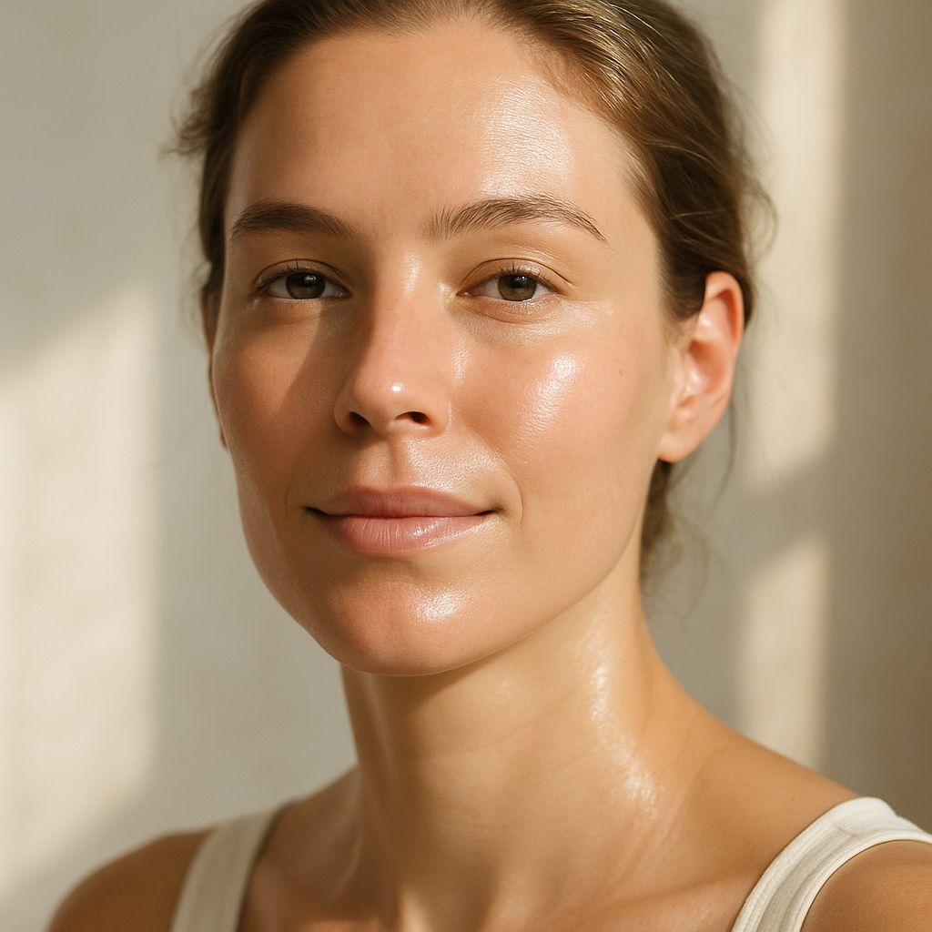 A woman in her mid-30s with glowing, healthy skin, minimal makeup, and soft natural light highlighting her face.