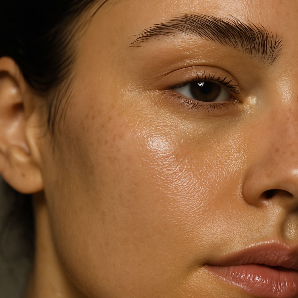 A close-up image of a woman’s face, showing the area from cheek to temple. Her skin appears dewy and healthy, with visible pores and natural texture. Soft directional lighting highlights her cheekbone, eyebrow, and lips, creating a realistic, high-end beauty editorial look that celebrates real skin radiance.