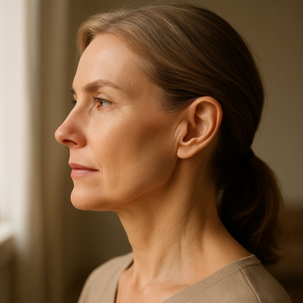 Side profile showing defined jawline and tightened neck-to-face contours