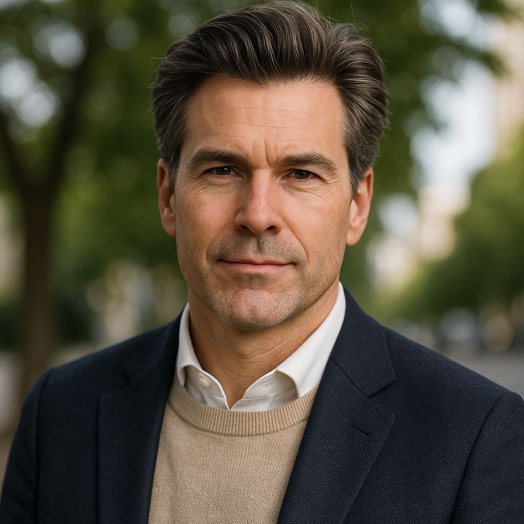 ChatGPT said: A confident middle-aged man with neatly styled, full hair stands outdoors in soft natural light. He wears a beige jumper under a navy blazer with a white shirt. The blurred background of trees adds depth, and his calm expression conveys assurance and self-investment.