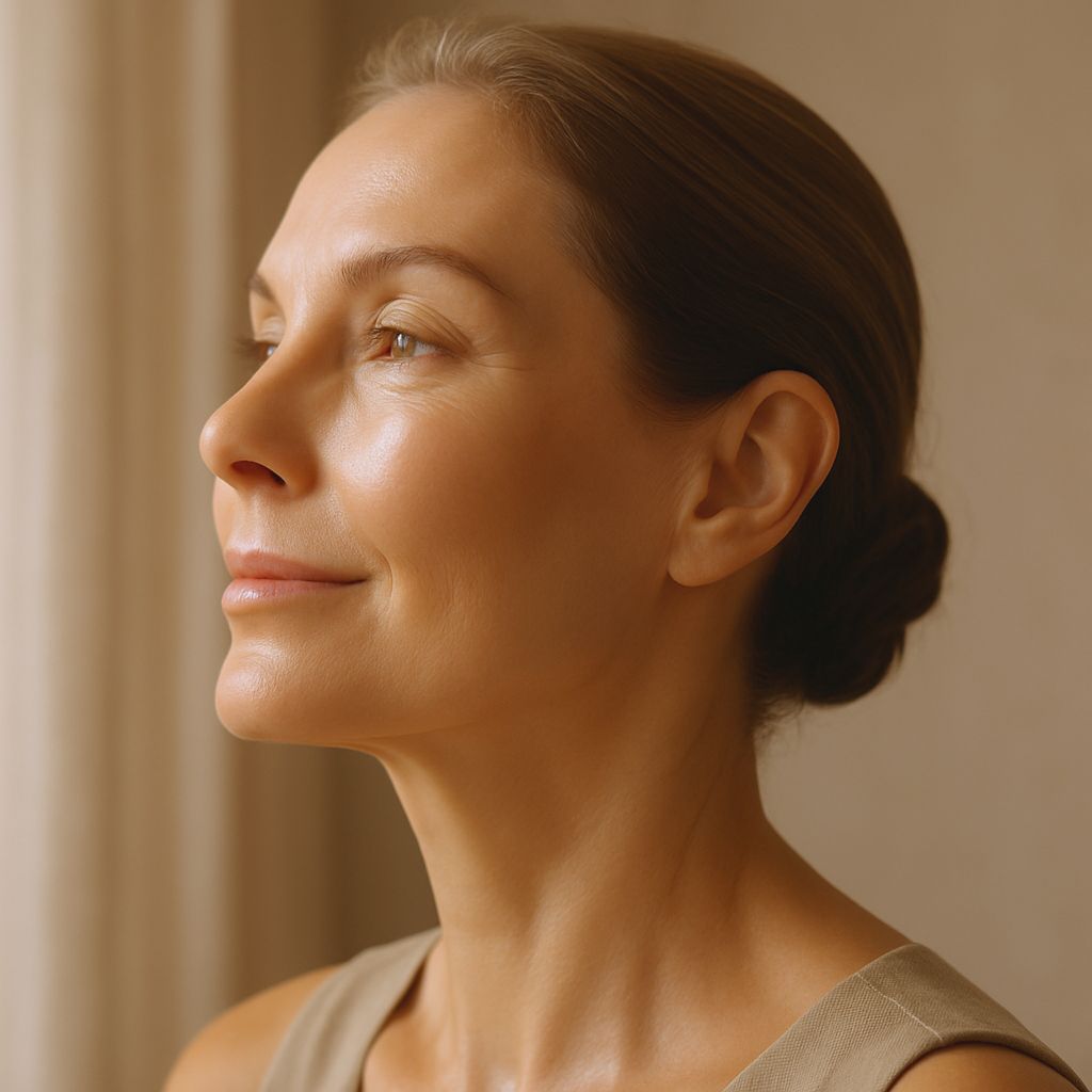 A close-up side profile of a woman aged around 50 with smooth, radiant skin and a defined jawline. She looks calm, gazing slightly upward in soft, warm window light. Her hair is neatly tied back, and the beige background gives a gentle, luxurious feel. The image reflects a high-end skincare campaign aesthetic, focused on healthy, well-cared-for skin.