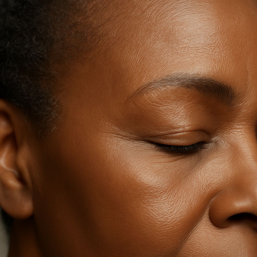 Close-up of a middle-aged Black woman’s forehead and temple showing smooth, healthy skin with natural texture and gentle lighting.